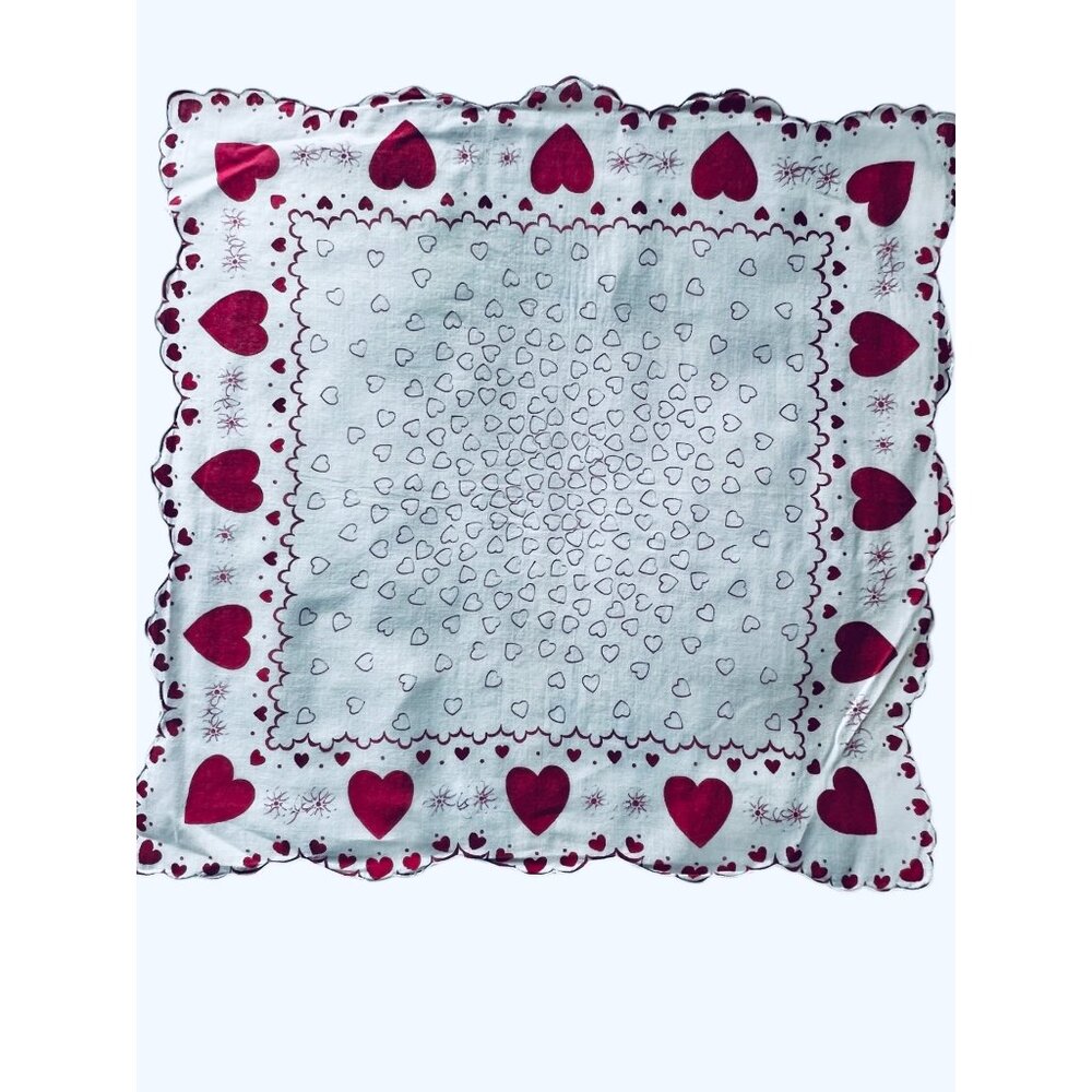 Vintage Red & White Heart Pattern Handkerchief With Scalloped Edges 13.5" x 13" - Picture 1 of 8